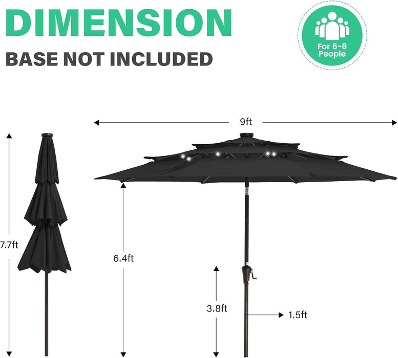 9 Ft 3-Tier Outdoor LED Lighted Patio Umbrella W/Crank, Black