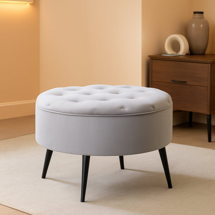 Tufted round Ottoman - Velvet Footrest with Cushion and Mid-Century Modern Steel Legs - Ideal for Living Room, Bedroom, or Office Seating - Soft, Compact Decorative Footstool - Grey