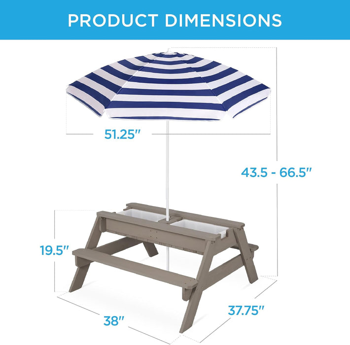 Kids 3-In-1 Sand & Water Table, Wood Outdoor Convertible Picnic Table W/Umbrella, 2 Trays, Removable Top - Gray/Navy