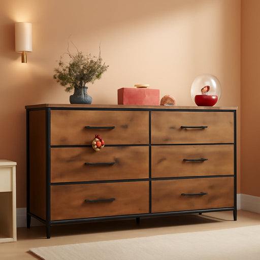 Wide Fabric Dresser, 6 Drawer Dresser TV Stand for 60" TV, Dressers Bedroom Furniture Large Storage Tower Unit with Fabric Bins, Dresser for Bedroom, Closet, Hallway, Rustic Brown