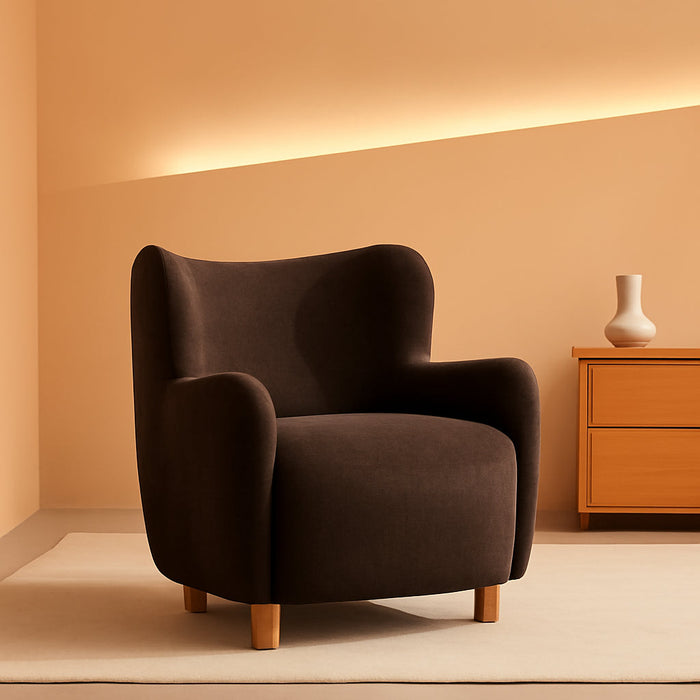Auden Wingback Accent Chair, Fabric Club Chair, Velvet Upholstered Armchair, Curved Backrest Single Sofa, Soft Cushion Seating, Reading Lounge Chair for Living Room, Brown