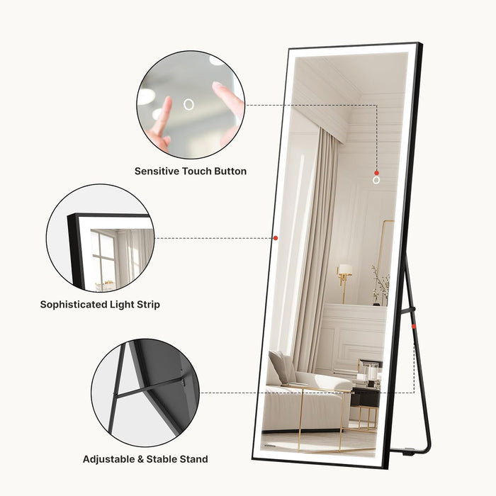 56×18 LED Full Length Mirror with Lights - Wall Mounted Vertical Vanity Mirror for Bedroom & Bathroom, Full Body Backlit, Adjustable Brightness, Tempered Glass