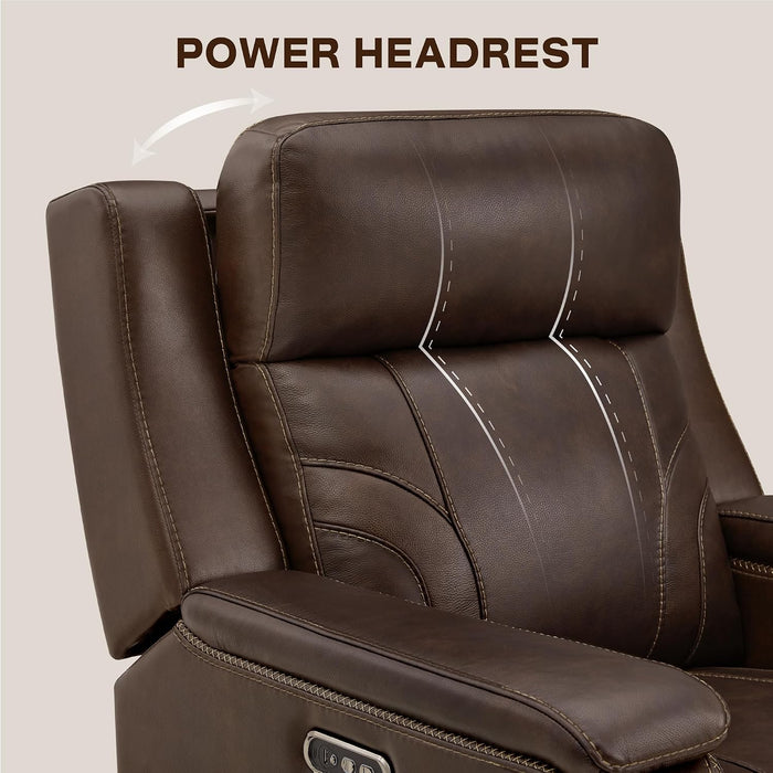 Power Recliner Lay Flat with Headrest, Leather Dark Brown