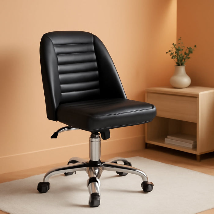 PU Leather Armless Office Chair, Mid Back Desk Chair,Computer Task Chair, Modern Vanity Chair with Rolling Wheels, Metal Base Black