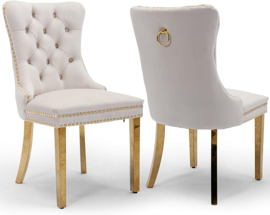 Velvet Dining Chair Set of 2 Upholstered Tufted Dining Room Chair with Nailhead Trim and Stainless Steel Gold Plated Legs for Kitchen, Restaurant, Beige