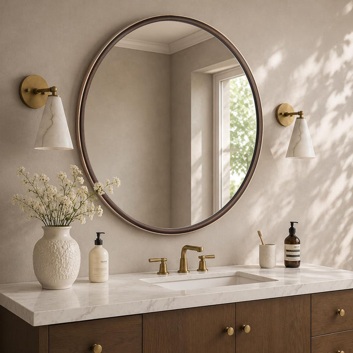 round Mirror 36 Inch, Linen-Texture Circle Wall Mirror for Bathroom, Bedroom, Entryway, Living Room，Gold