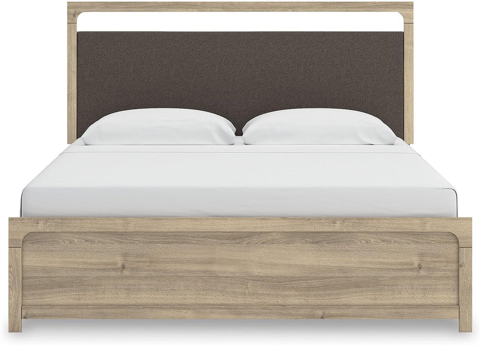 Signature Design by Ashley Hollymount King Size Bedframe, Bed Frame with Upholstered Panel Headboard, Touch LED Lighting with 3 Brightness Levels, Warm Oak Finish