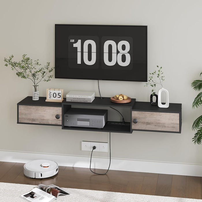 55" Floating TV Stand with Power Outlets, Modern Wall Mounted Media Console Shelf with Doors, Entertainment Center for under TV Storage, for Living Room, Bedroom, Greige and Black BG11UDS01