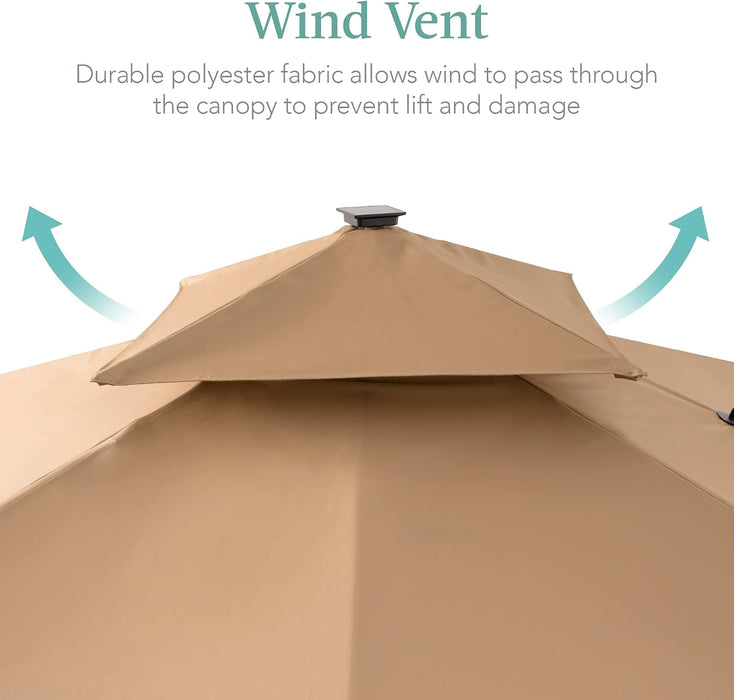 10X10Ft Cantilever Patio Umbrella W/Base Included, Solar LED Lights 360 Rotation Large Offset Hanging Outdoor Shade for Deck Pool Backyard W/Stand – Tan