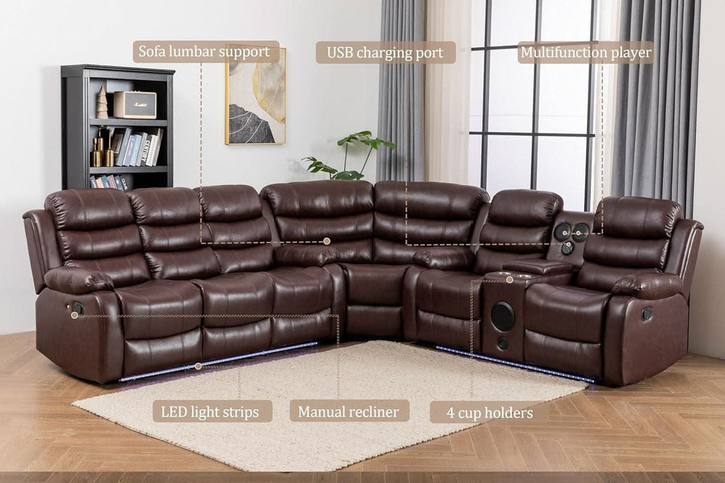 Faux Leather Living Room Set Modern Reclining Sectional Sofa with LED Light, USB Chargers, Sound System, 4Cup Holders, Hidden Storage, Brown