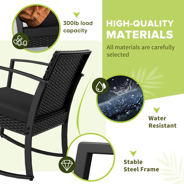 Patio Furniture Set 3 Piece Resin Outdoor Bistro Set Rocking Patio Chairs with Cushions and Table for Porch, Poolside, Balcony and Yard (Black)