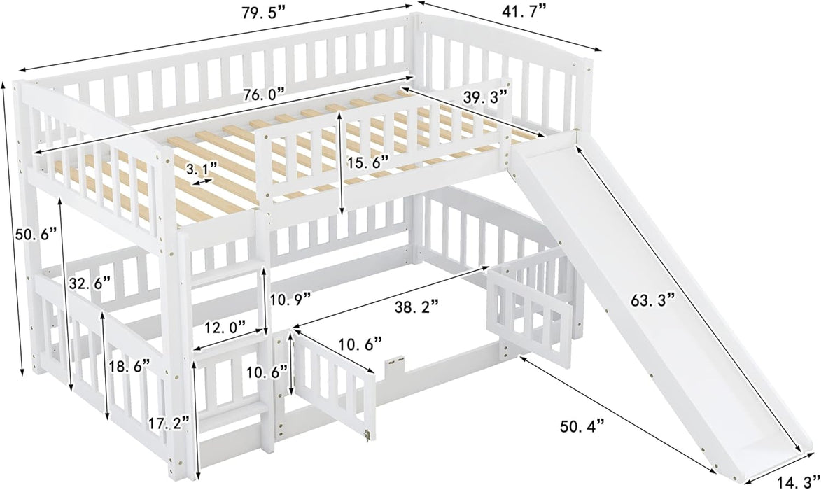Bunk Bed Twin over Twin with Slide and Stairs, Twin Bunk Bed for Kids, Girls, Boys, Floor Bunk Bed with Fence and Door, White