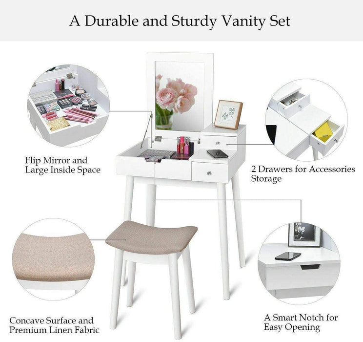 Vanity Table Set with Flip Top Mirror and Cushioned Stool, Folding Top Flip Mirrored Large Storage Organizer for Home Bedroom Bathroom, Makeup Dressing Table Set with 2 Drawers, White