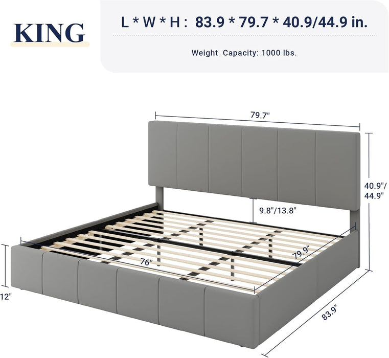 King Size Dutch Velvet Upholstered Platform Bed Frame/Vertical Channel Tufted Adjustable Headboard/Low Profile Bed Frame/No Box Spring Needed/Easy Assembly/Grey