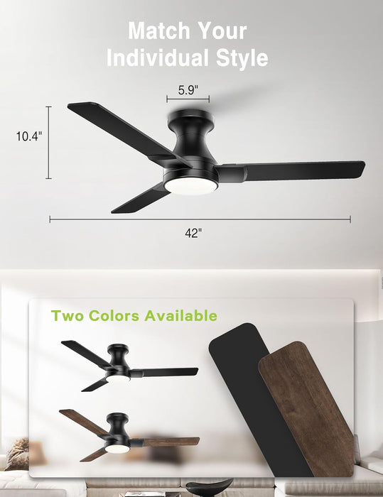 42 Inch Ceiling Fans with Lights,3 Blades,6Cct, Low Profile Ceiling Fan with Light and Remote Control,Ceiling Fan for Bedroom, Kitchen,Indoor/Outdoor Use,Flush Mount-Black