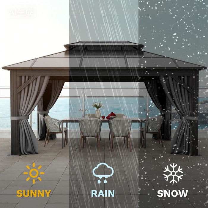 10X12Ft Gazebo Hardtop Double Roof Polycarbonate Canopy Outdoor with Netting and Shaded Curtains, Metal Frame Garden Tent for Patio, Backyard, Deck and Lawns, Gray