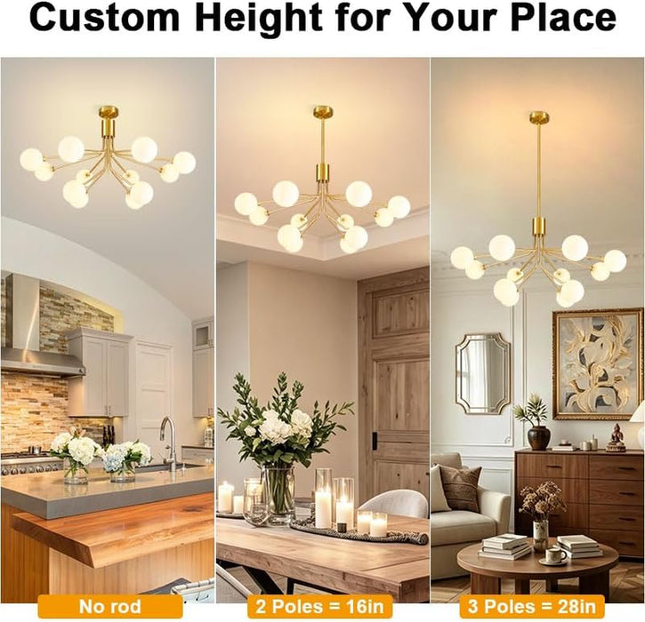 Gold Modern Chandelier 12-Light Glass Globe Ceiling Light Fixtures Mid Century Modern Sputnik Chandelier for Dining Room Kitchen Island Bedroom Living Room