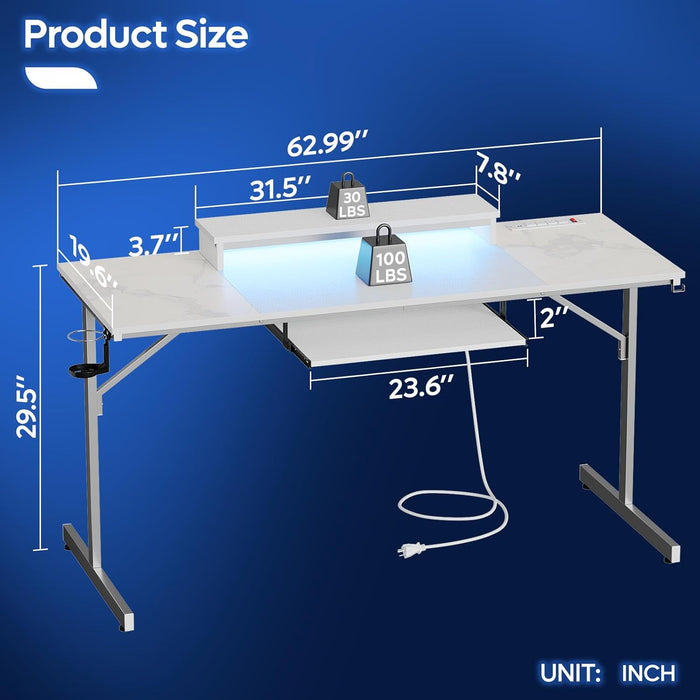 63 Inch Gaming Desk with LED Lights & Power Outlets Computer Desk with Laptop Stand & Keyboard Tray Modern PC Desk with Headset Hook for Home Office, Carbon Fiber and Marble Splicing White