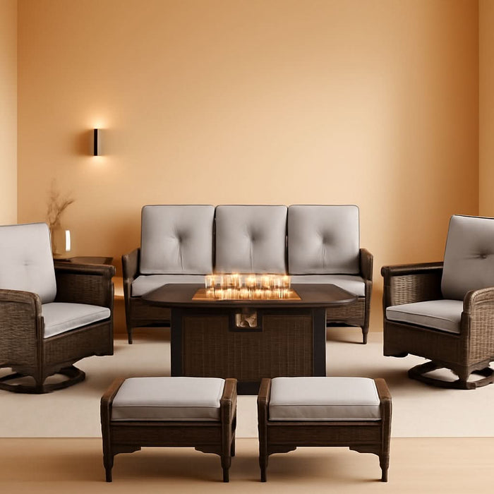 8 Piece Patio Furniture Set with 50000 BTU Propane Fire Pit Table, Outdoor Conversation Set with 2 Swivel Rocker Chairs Wicker Sofa and Ottomans for Casual Gatherings Beige Cushion