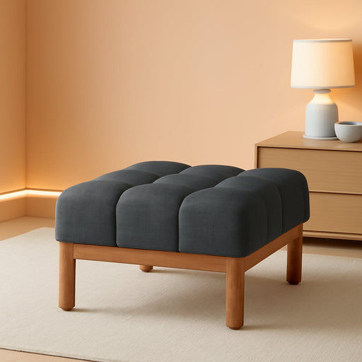 Annette Square Ottoman Footstool with Grid Tufting, Living Room Sofa Ottoman with Wood Frame, Fabric Upholstery Coffee Table, Comfy Seating with Dense Foam Padding, Gray