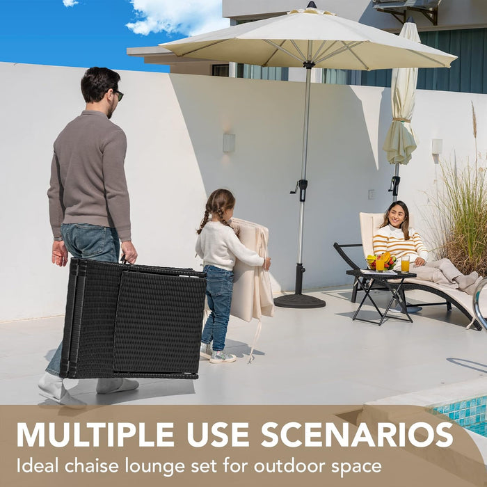 Patio Chaise Lounge Sets Outdoor Rattan Adjustable Back 3 Pieces Cushioned Patio Folding Chaise Lounge with Folding Table (Beige)