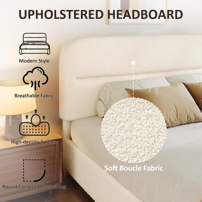Queen Upholstered Bed Frame, Beige Cloud Boucle Bed with Headboard