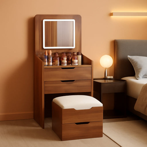Walnut Compact Vanity Desk With Illuminated Mirror
