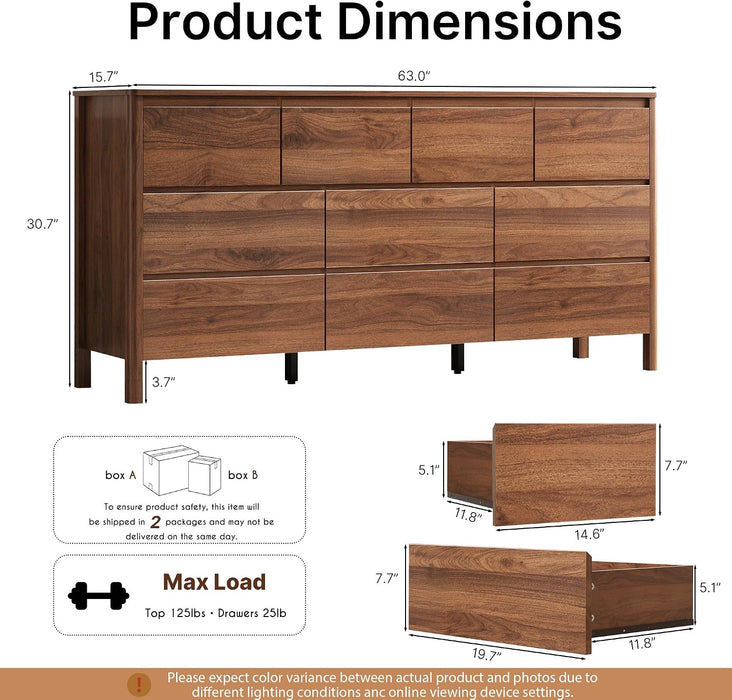 Walnut 10 Drawer Dresser for Bedroom, 63" W Modern Wood Dresser