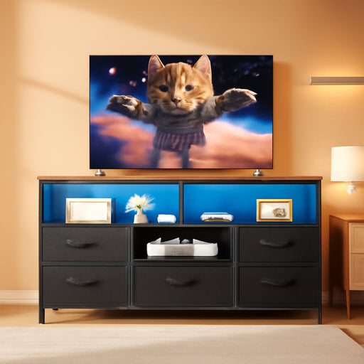 55" LED TV Stand for Bedroom with Power Outlets, Entertainment Center with 6 Fabric Drawers for 50/55/60 Inch Tvs, Dresser TV Stand Long Console Media Table for Living Room, PU Black
