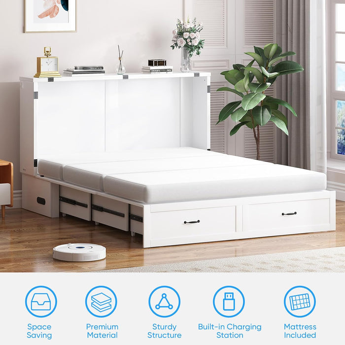 Queen Murphy Bed Cabinet Integrated Charging White