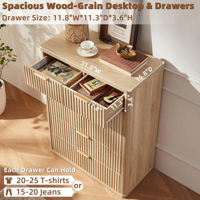 Fluted 6 Drawers Dresser for Bedroom, 42" Tall Modern Chest of Drawers with Metal Handle, Curved Profile Design,Natural Wood Drawer Organizer for Bedroom, Living Room, Hallway, Entryway