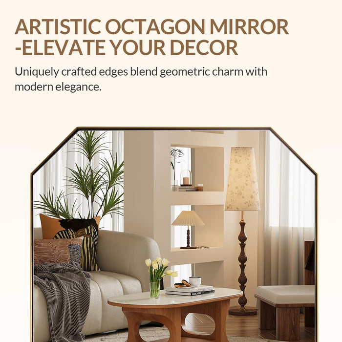 Gold Octagon Bathroom Mirror, 24X36 Inch Stainless Steel Metal Frame, Anti-Rust, Shatterproof HD Glass, Wall Mounted for Bathroom, Bedroom, Living Room