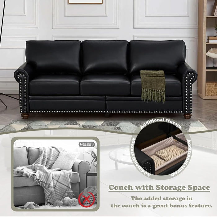 2-Piece Comfy Upholstered PU Leather Sofa Couch Set, Mid-Century Modern Loveseat Sofa+3 Seater Couch with Storage Space for Living Room, Furniture Set, Black