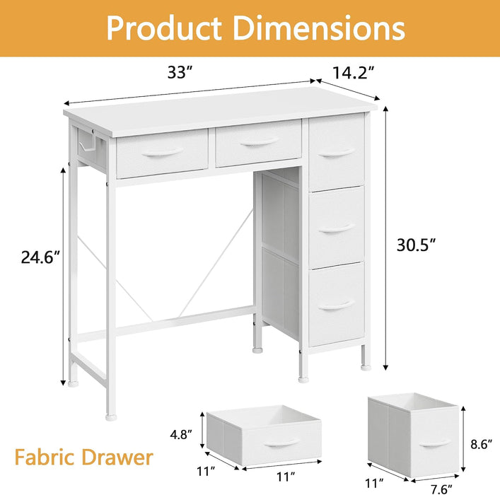 33" Small Computer Desk with 5 Fabric Drawers, White, 14.2" D