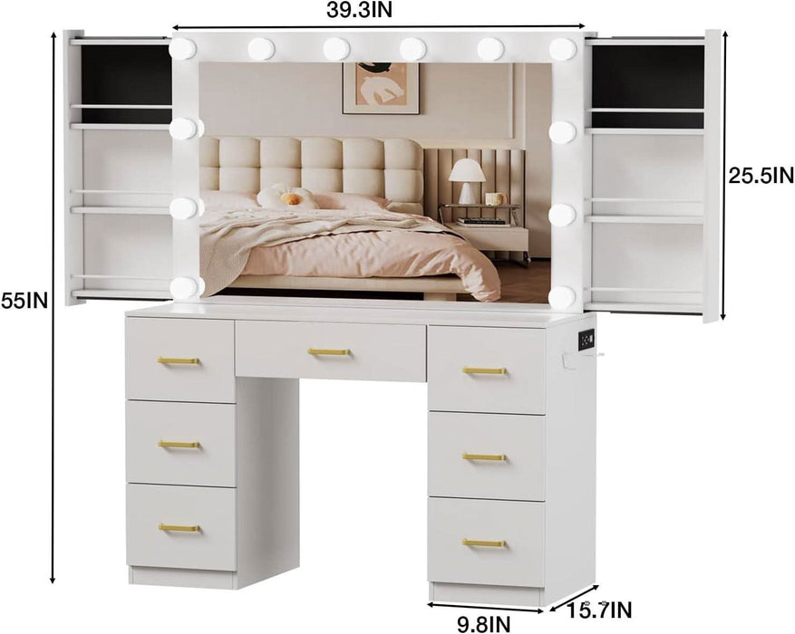 White Makeup Vanity Desk with Lighted Mirror & Power Outlet,3 Color Modes, Brightness Adjustable,Vanity Table with Drawer,Sliding 2 Storage Wall-Mounted Jewelry,4 Shelves for Bedroom