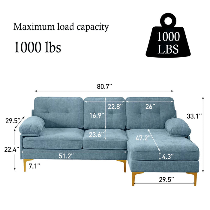 Convertible Sectional Sofa Couch, L-Shaped Couch with Reversible Chaise Lounge, Chenille Fabric Modern Sofa for Living Room, Apartment, Office, 3 Seats, Light Blue