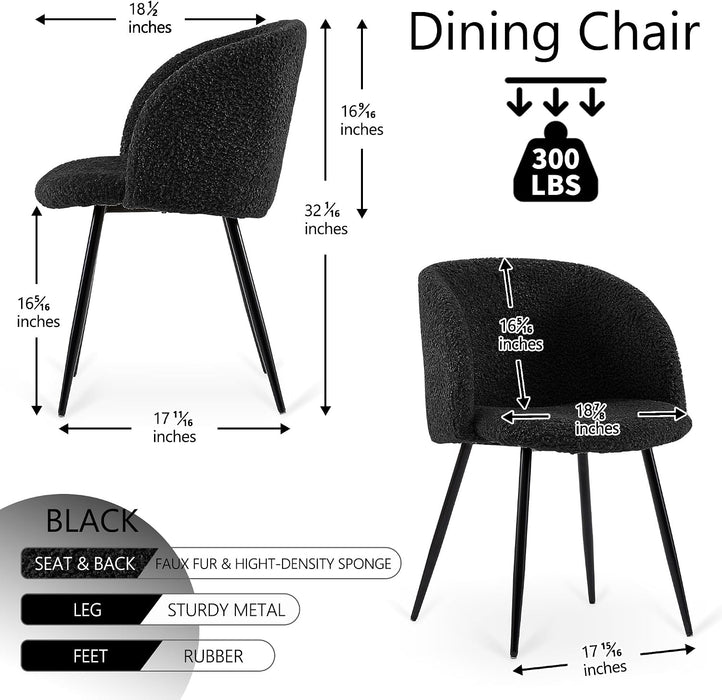 Accent Chairs Set of 2, Fuzzy Sherpa Dining Chairs with Barrel Back, Upholstered Faux Fur Armchairs with Black Metal Leg, Living Room Chairs (Black)
