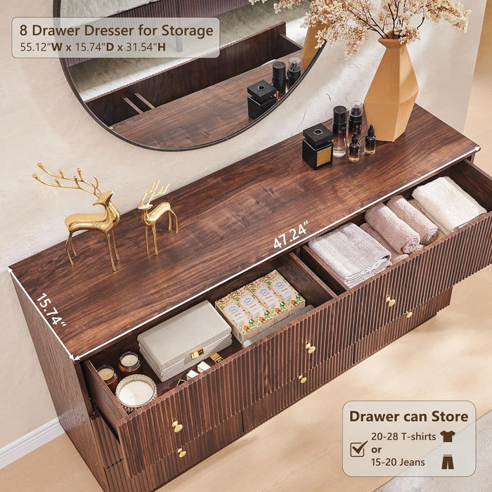 Fluted 8 Drawers Dresser for Bedroom, 55" W Modern Dressers & Chest of Drawers with Metal Handle, Wood Closet Clothes Storage Organizer,Storage Dressers Organizer for Hally/Living Room, Natural