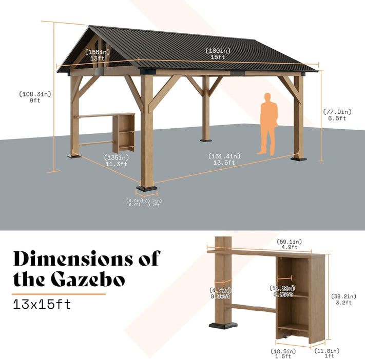 13X15 Ft Spruce Wood Gazebo, Outdoor Gazebo with Bar Storage, Hardtop Wooden Paviloin with Metal Steel Gable Roof, Patio, Garage, Black + Natural Wood