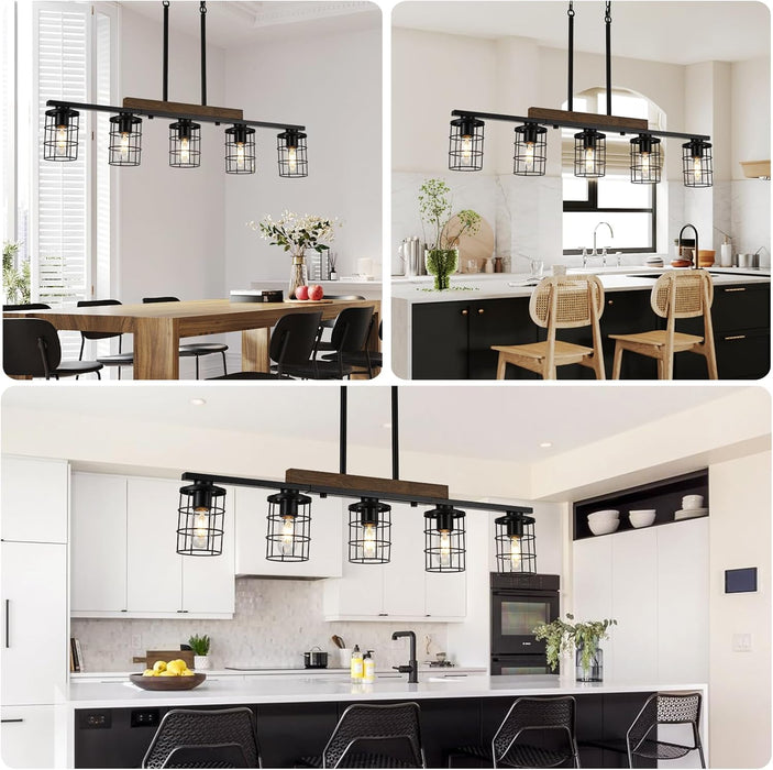 Dining Room Light Fixture/Chandelier over Table, 36.2-Inch Hanging for Farmhouse Linear Chandeliers,5-Light Kitchen Island Lighting, Black Rustic Wooden Ceiling Chandelier,With Metal Lampshade