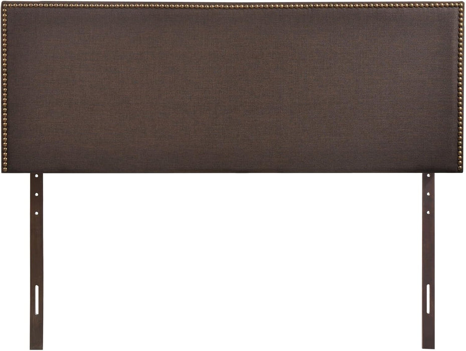 Region Linen Fabric Upholstered Queen Headboard in Dark Brown with Nailhead Trim