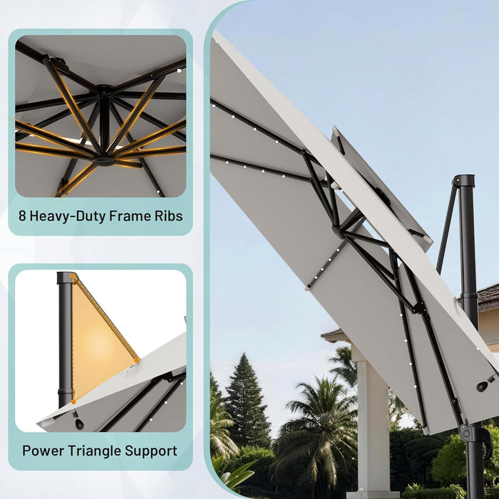 10×10FT Solar LED Cantilever Umbrella with Base Included, Double-Top Outdoor Patio Offset with 360 Degree Rotation, round Offset Hanging Umbrella for Garden Deck Pool, Light Grey