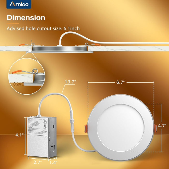 24 Pack 6 Inch 5CCT LED Recessed Ceiling Light with Night Light, 2700K/3000K/3500K/4000K/5000K Selectable Ultra-Thin Recessed Lighting, 12W=110W, 1100LM, Dimmable Canless Wafer Downlight ETL&FCC