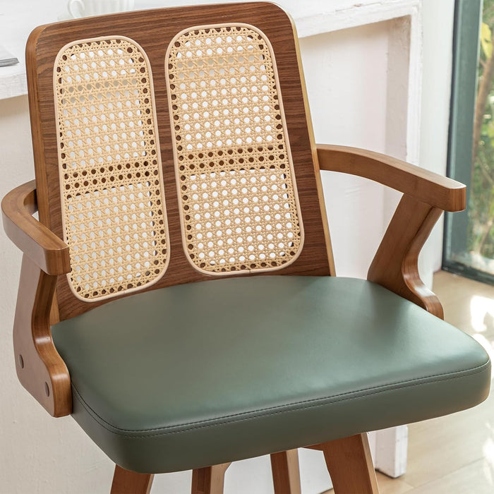Counter Stools Set of 2 - 27 Inch Swivel Counterstools with Rattan Back, Curved Arms, Upholstered Seat, Adjustable Bamboo Legs, Counter Top Stools for Island/Pub/Kitchen (27" Seat Height, Green)
