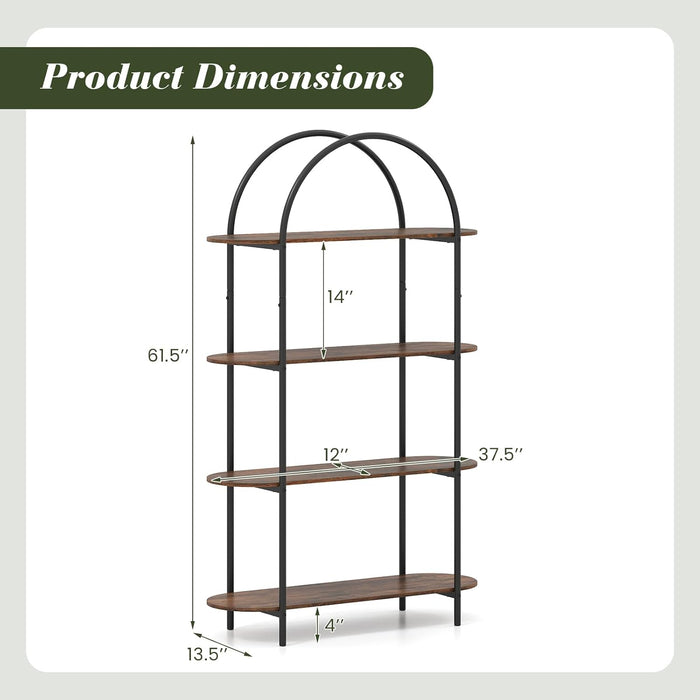 Arched Bookshelf, 4-Tier Industrial Open Bookcase with Sturdy Metal Frame, Freestanding Display Storage Organizer for Living Room, Home Office and Bedroom, Rustic Brown