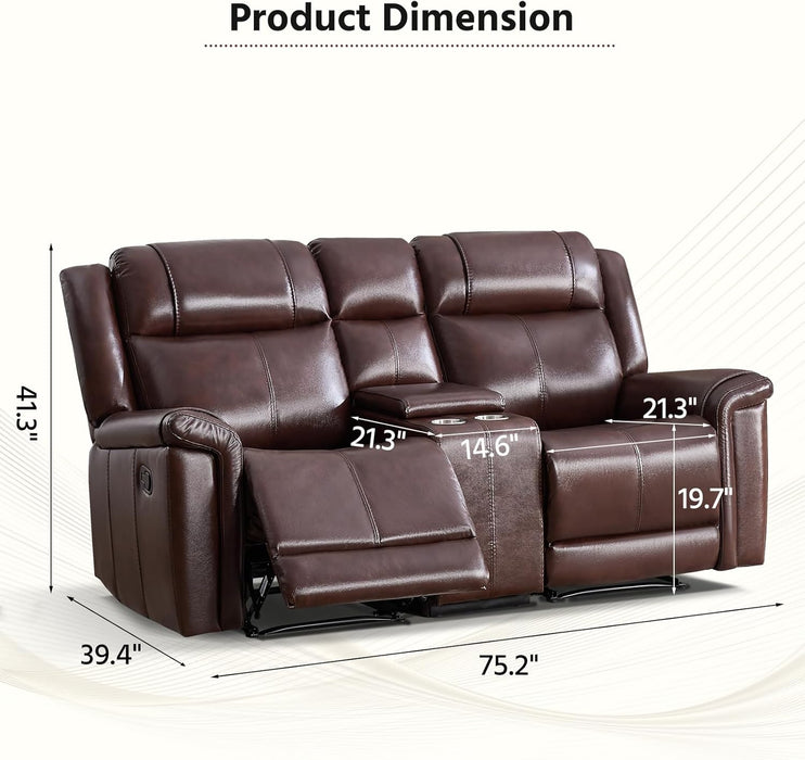 Geniune Leather Manual Loveseat Recliner Sofa Set of 2 with Center Console, Overstuffed 2-Seater Reclining Couch with Hidden Storage & Cup Holders, 2 Dual Recliner for Living Room, Rust Brown