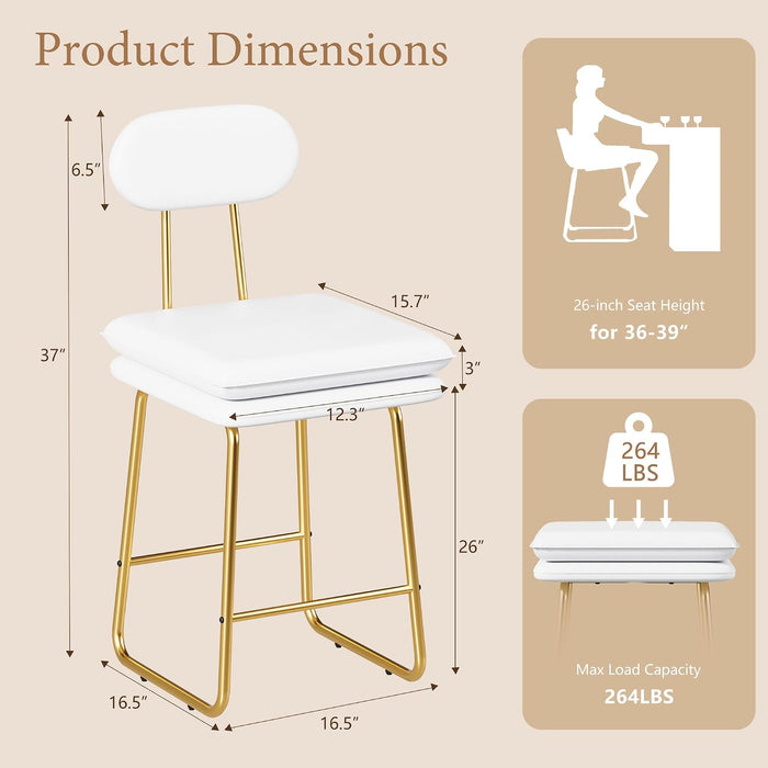 Bar Stools Set of 4, Counter Height Barstools with Removable Backrest, Padded Seat and Metal Legs, PU Leather Upholstered Bar Chairs for Kitchen, Island, White