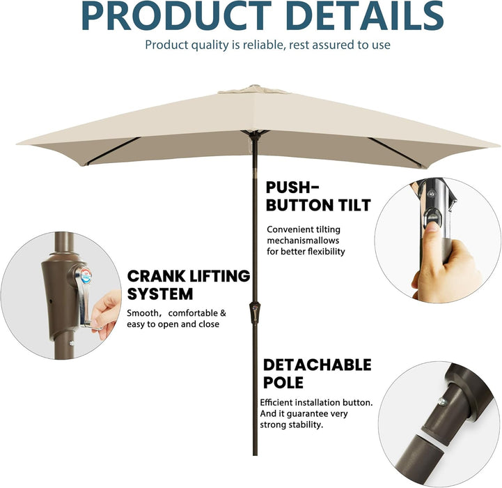 6.5X10Ft Rectangular Patio Umbrella with Push Button Tilt & Crank Lift for Garden,Uv Protection Outdoor Umbrella for Deck,Pool and Yard,Beige