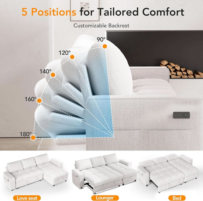 81" Sectional Sleeper Sofa with Pull Out Bed, L Shaped Sleeper Sofa, Pull Out Couch with Reclining Backrest, Reversible Storage Chaise, USB Ports, Tool-Free Assembly, Chenille Beige