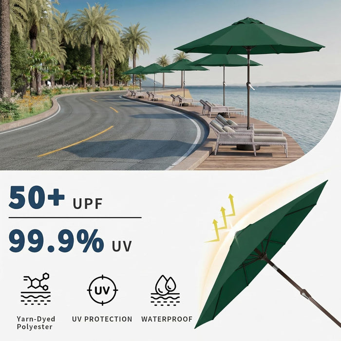 10FT Patio Umbrella Outdoor Market Umbrella with Crank and Tilt, 8 Flexible Fiberglass Ribs, Uv-Resistant Waterproof Canopy for Patio, Deck, Garden, Backyard, Forest Green